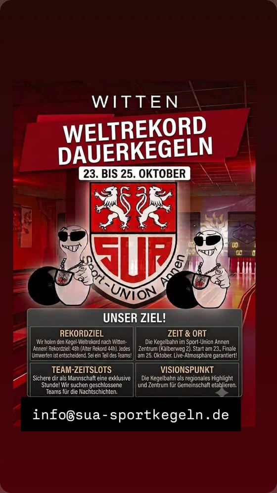 Plakat: Weltrekordversuch im Dauerkegeln
